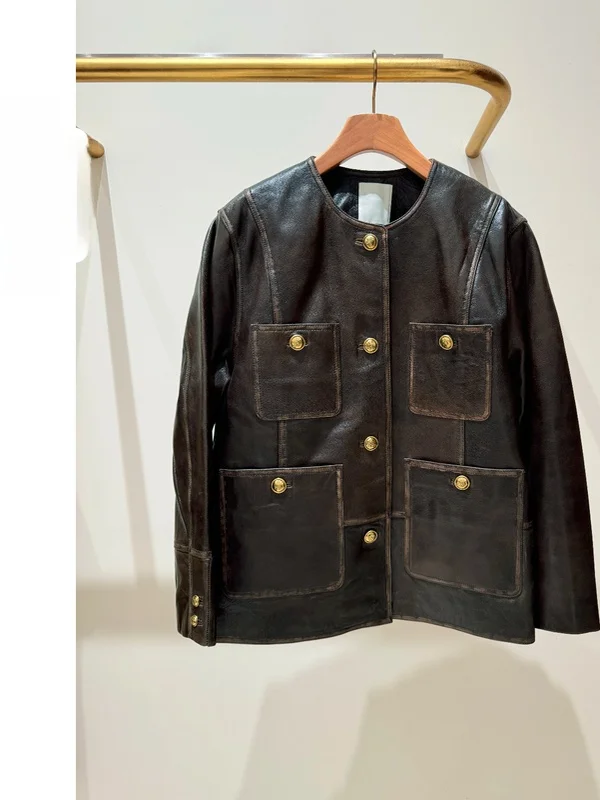 

Heidd Brown Leather Jaet Women's Loose Fit Autumn Winter Faion Quali Artificial Leather Vintage Sle Long Sve Coat