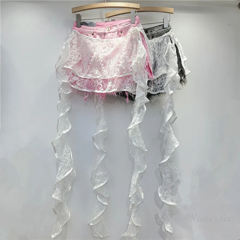 

Ruffle leaf edge irregular lace patchwork skirt curtain waist seal one piece strap apron skirt splicing denim shorts women 2025