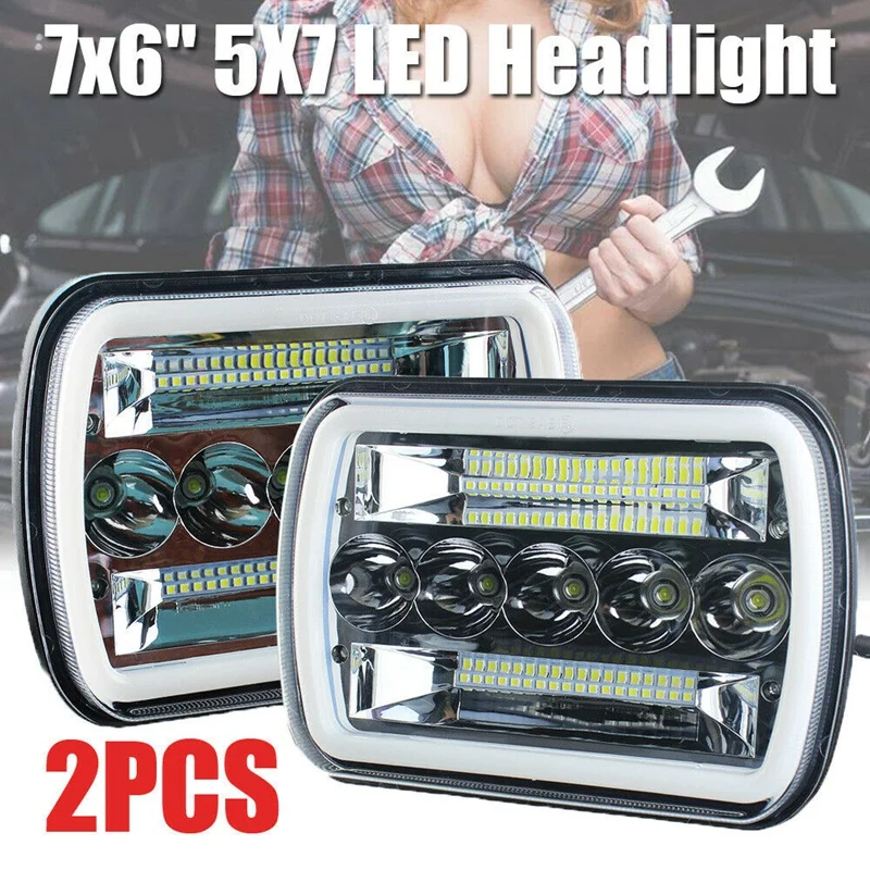 DHBH-1 Pair 240W 5X7inch 7X6inch LED Headlight Hi-Lo Beam Halo DRL for Jeep Cherokee Wrangler XJ YJ