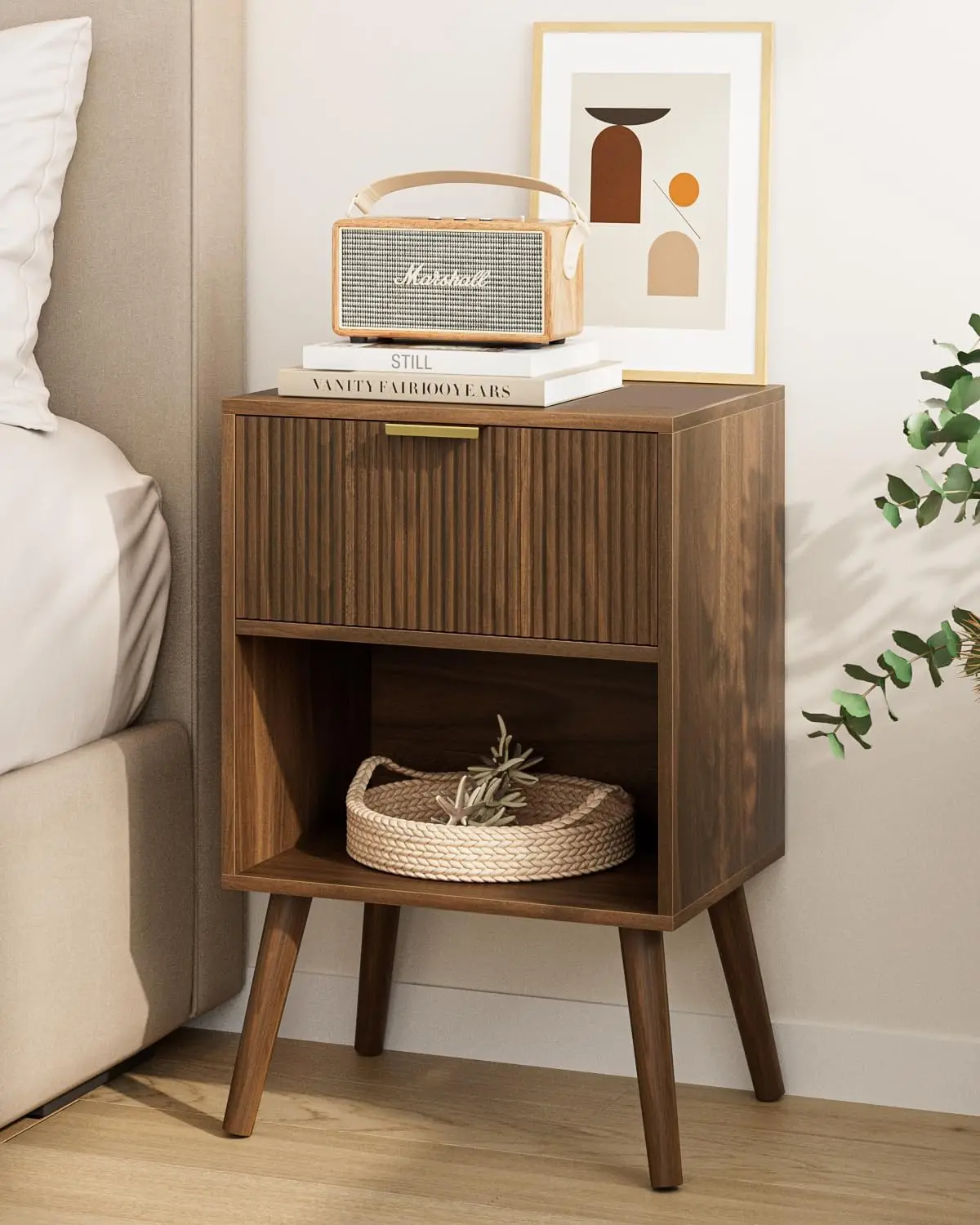 Modern Nightstand with Drawer, Small Side Table for Bedroom and Living Room in Walnut Stripe