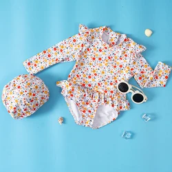 HappyFlute New Ins Style Girls' One Piece Long Sleeve With Swimming Cap Zipper Design Sunscreen Summer Swimsuit
