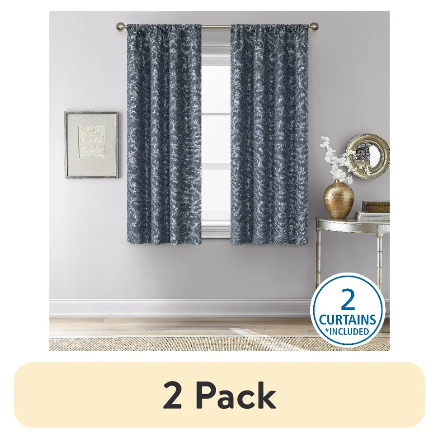 

2 pack Jacquard Blackout Panel Pair Set of 2 Curtains Blue Ogee 37"W x 63" L