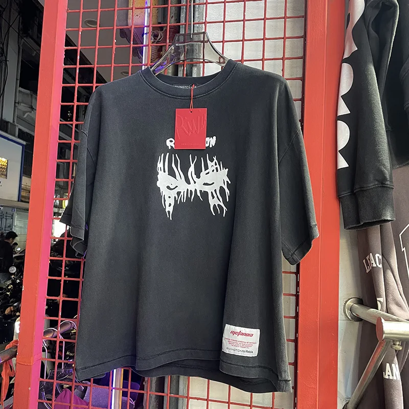 26SS الهيب هوب غسلها الأسود الرسومات شعار طباعة RRR 123 تي شيرت الرجال Womem قصيرة واسعة المحملة القمم 100% القطن RRR 123 تي شيرت العلامات