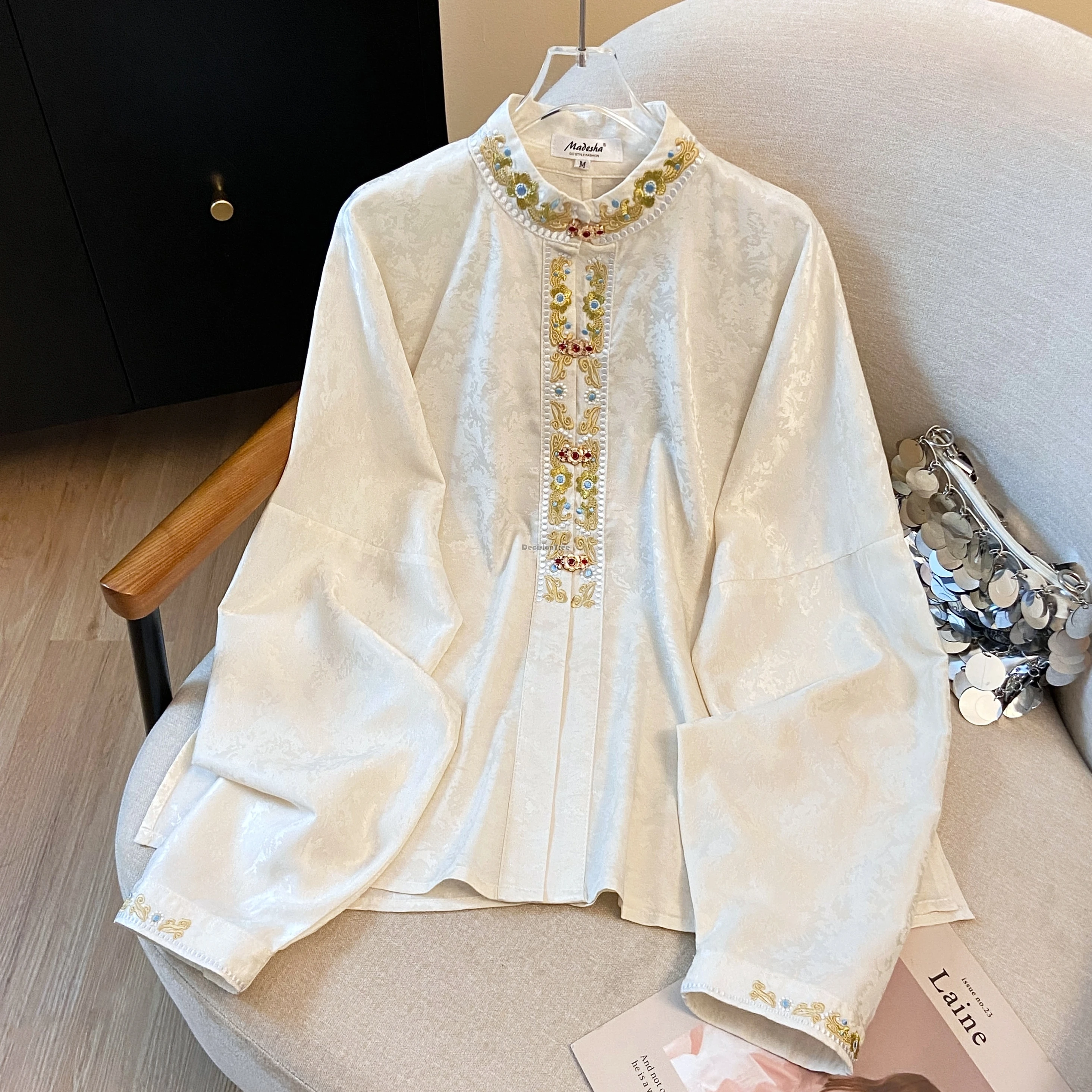 

2025 китайская улучшенная рубашка с вышивкой в стиле ретро, женская жаккардовая рубашка с воротником-стойкой, ханьфу, костюм Тан с длинными рукавами, топ t001