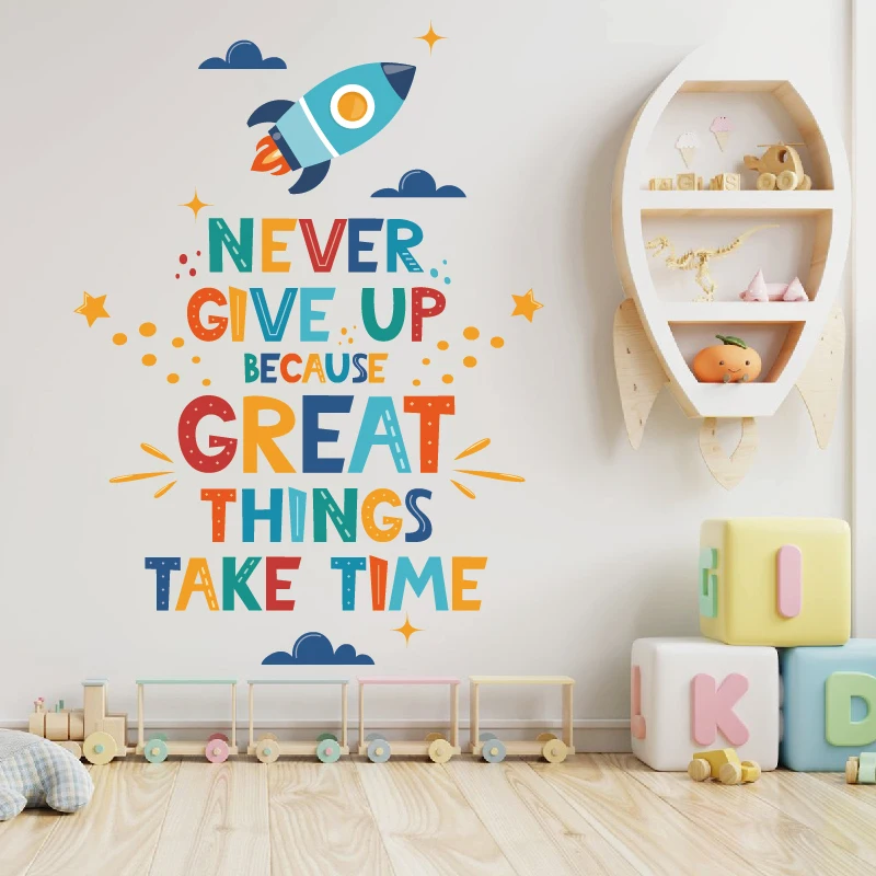 Creative rocket star never give up sticker for kids room kindergarten self adhesive wall art decal