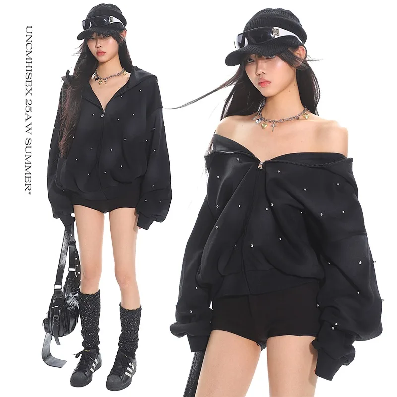 

Street Classic Black Harajuku Design Zipper Hooded Women's Hip-hop Y2k Personality Casual Retro Couple Cardigan Polka Dot Jacket