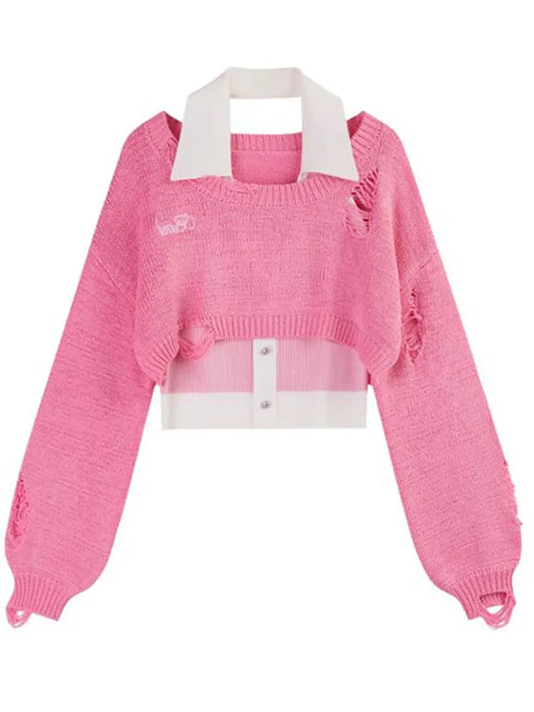 

Pink Y2k Women's Sweater Long Sleeve Crop Tops Fake Two-Piece Sexy Halter Baggy T-shirt Spring Harajuku Kawaii Sweater Pullovers