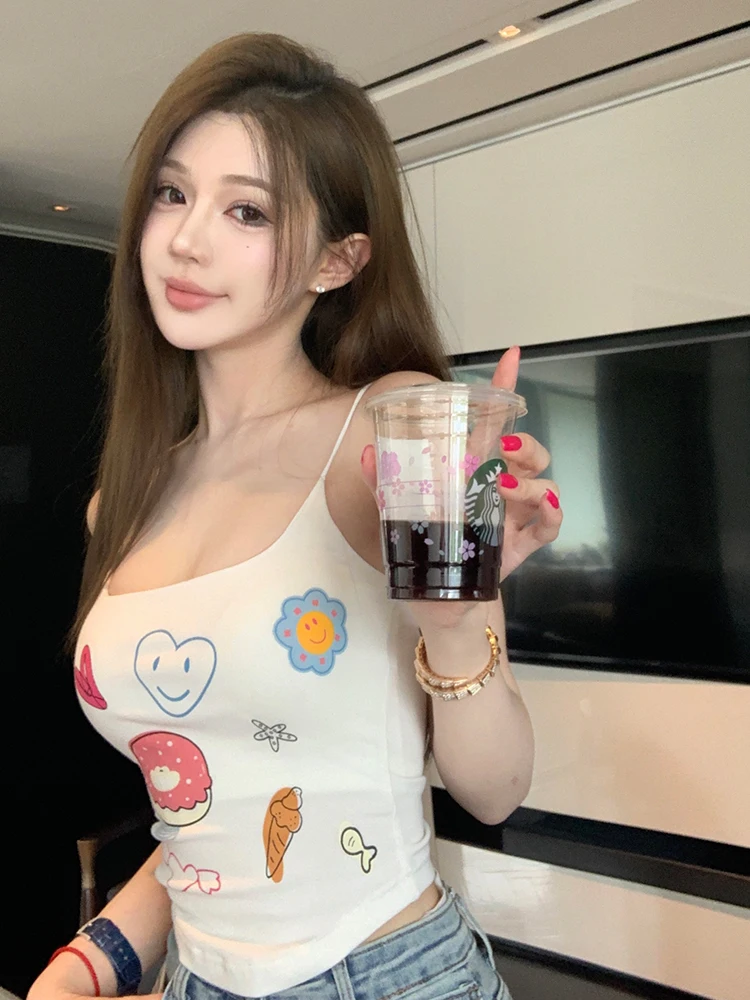 Chill Short Printed Crop Top Strapless Bralette Waist-Cinching Design Women's Sweet Style Cotton Blend Tank Top with Chest Pad