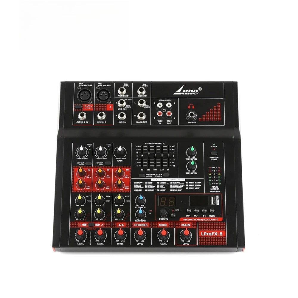 LProFX-8 Good Quality Built in 24 bit mobile live broadcast function USB port Mp3 Blue tooth 5.0 player mini audio mixer