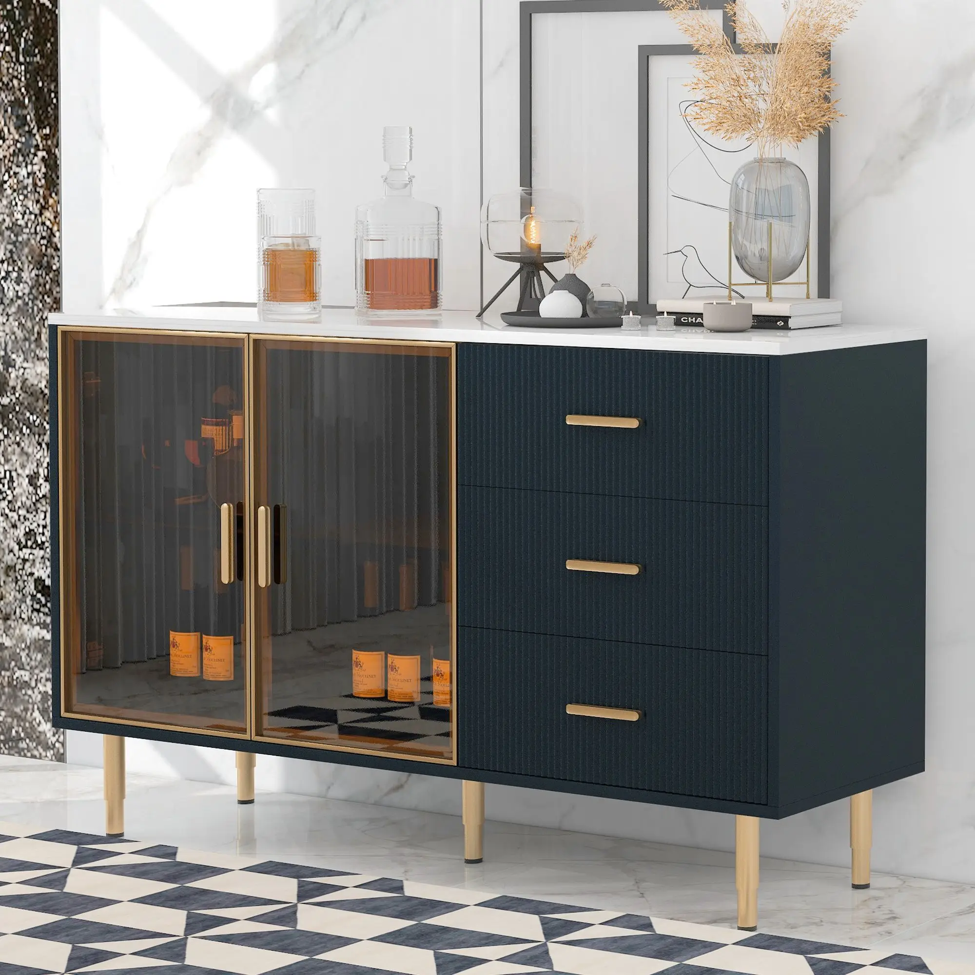 Modern Sideboard MDF Buffet Cabinet Marble Sticker Tabletop and Tempered Glass Doors with Gold Metal Legs (Navy Blue)