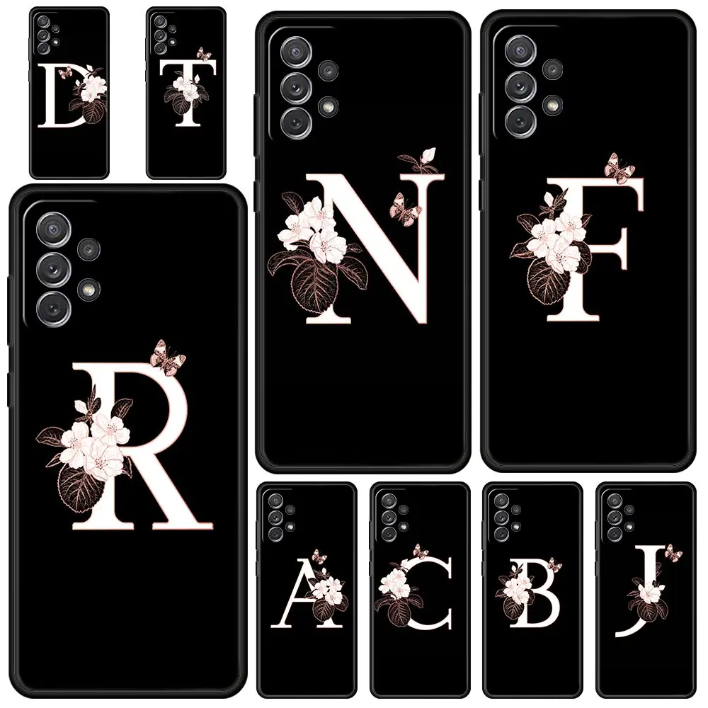 Phone Case for Samsung Galaxy A55 A35 A17 A15 A14 A23 A25 A53 A54 A73 A32 A52 A52S A05 5G Soft TPU Shell Flowers Initial Letter