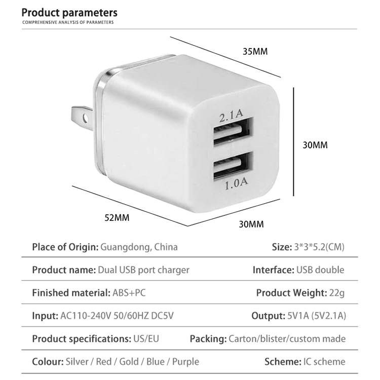 US EU Plug AC DC 5V 2.1A 2A 10W Universal Adapter Power Socket Mobile Phone Travel Wall Charger Dual Port Usb Charger