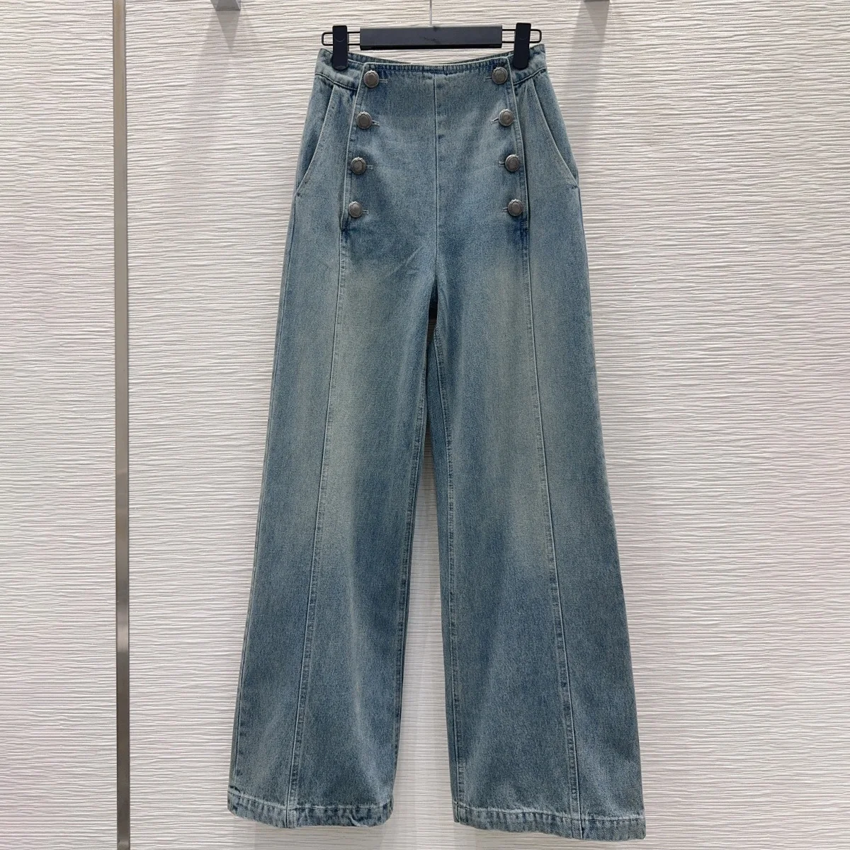 High Quality Women High Waist Wide Leg Pants Double Row Buttons Front Loose Long Trousers With Pockets lyt2672110