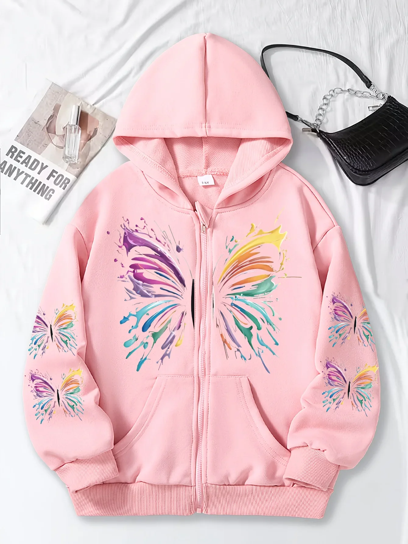 Kids Boys Girls Black Butterfly Zip Up Hoodie Sweatshirt Teen Graphic Paint Splash Jacket Spring Autumn Winter Coat