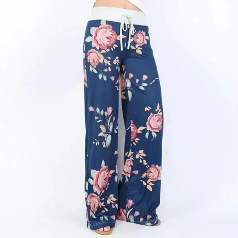 Pantaloni da donna a gamba larga, casual, alla moda, elasticizzati, stampati, con coulisse, senza cavallo, con cerniera nascosta, stile pigiama