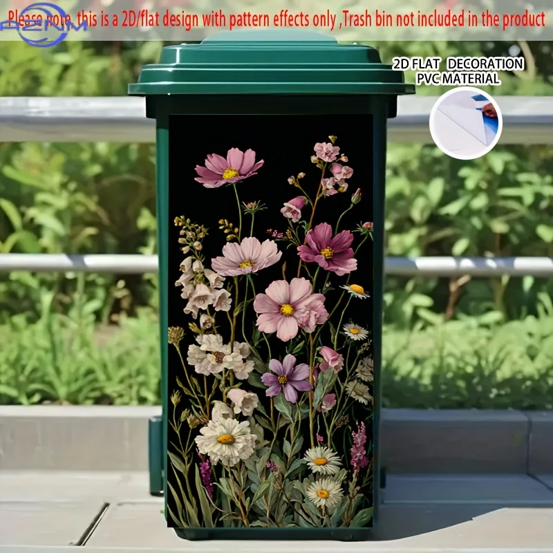of Pink And White Floral Self-Adhesive Stickers for Dustbins, PVC Decorative Stickers for Trash Cans, Suitable for Wheelie Bin