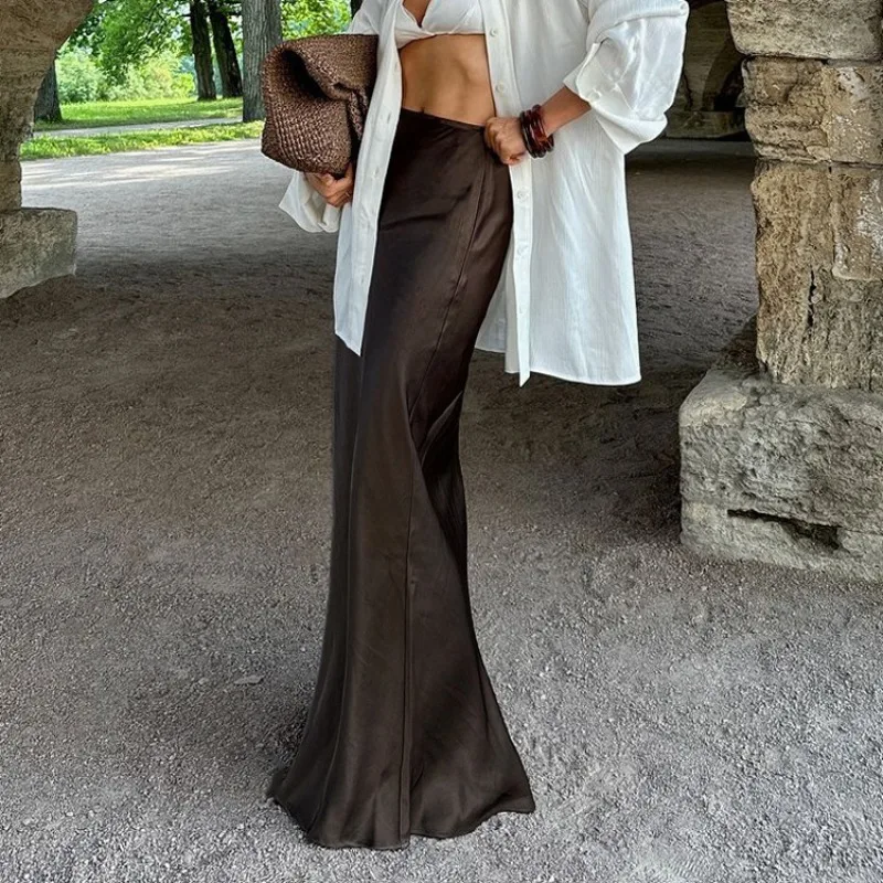 

Vintage Women Satin Floor Length Skirt Elegant Y2K High Waist Slim Long Bodycon Mermaid Skirt Celebrity Party Fishtail Skirt