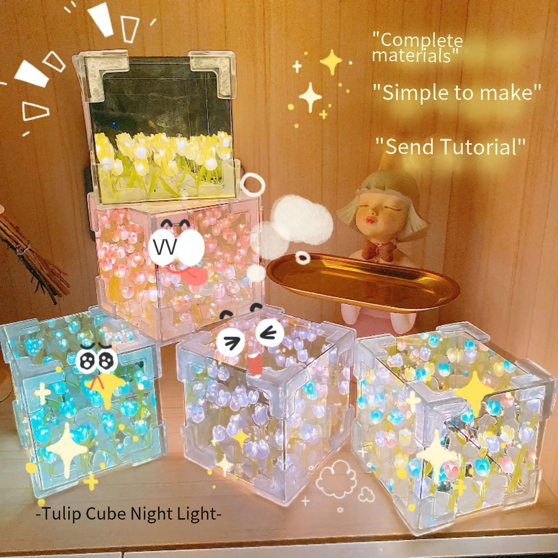 1pcs Handmade DIY Flower Cube Tulip Stereo Night Light Material Package for Girlfriend Couple Birthday Gift