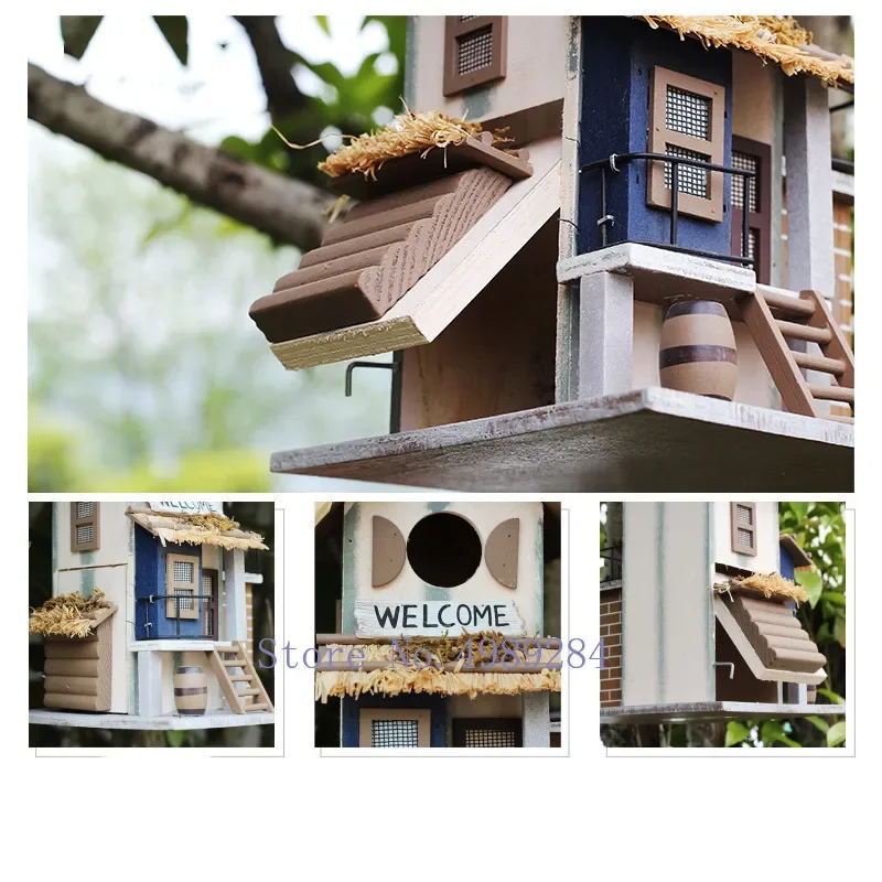 B-M Bird house Bird nest villa Handmade wood Creative and cute Home outdoor decorations Forest Park Wild bird house protection