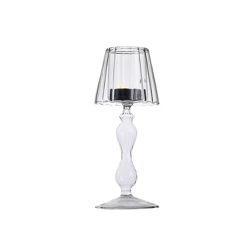 2pcs Transparent Glass Desk Lamp Shaped Candle Holder, High Legged Striped Candle Holder