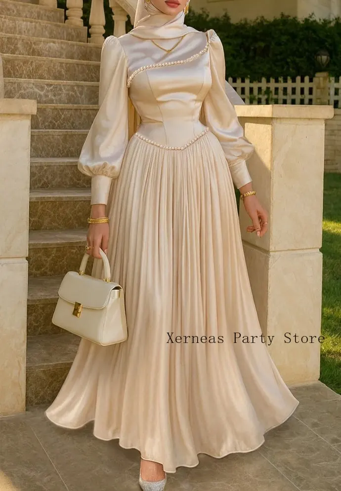 Maßgeschneiderte Perlen-Abendkleider für elegante muslimische Frauen, A-Linie, drapiert, Saudi-Stil, hoher Kragen, luxuriöses Partykleid, Ballkleider 2026 – Detail 3