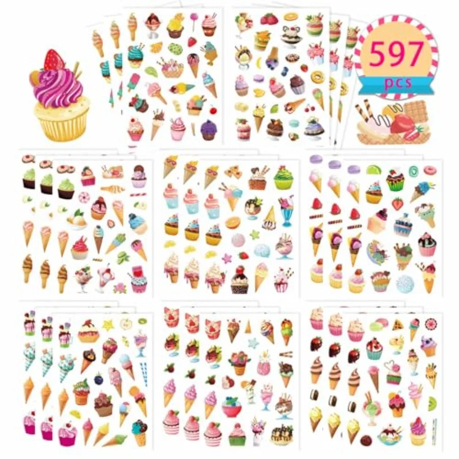 

597PCS Stickers,,Dessert Stickers, 24 Sheets Cartoon Sticker for Hawaii Tropical Party Decoration Sticker Holiday Party Favors