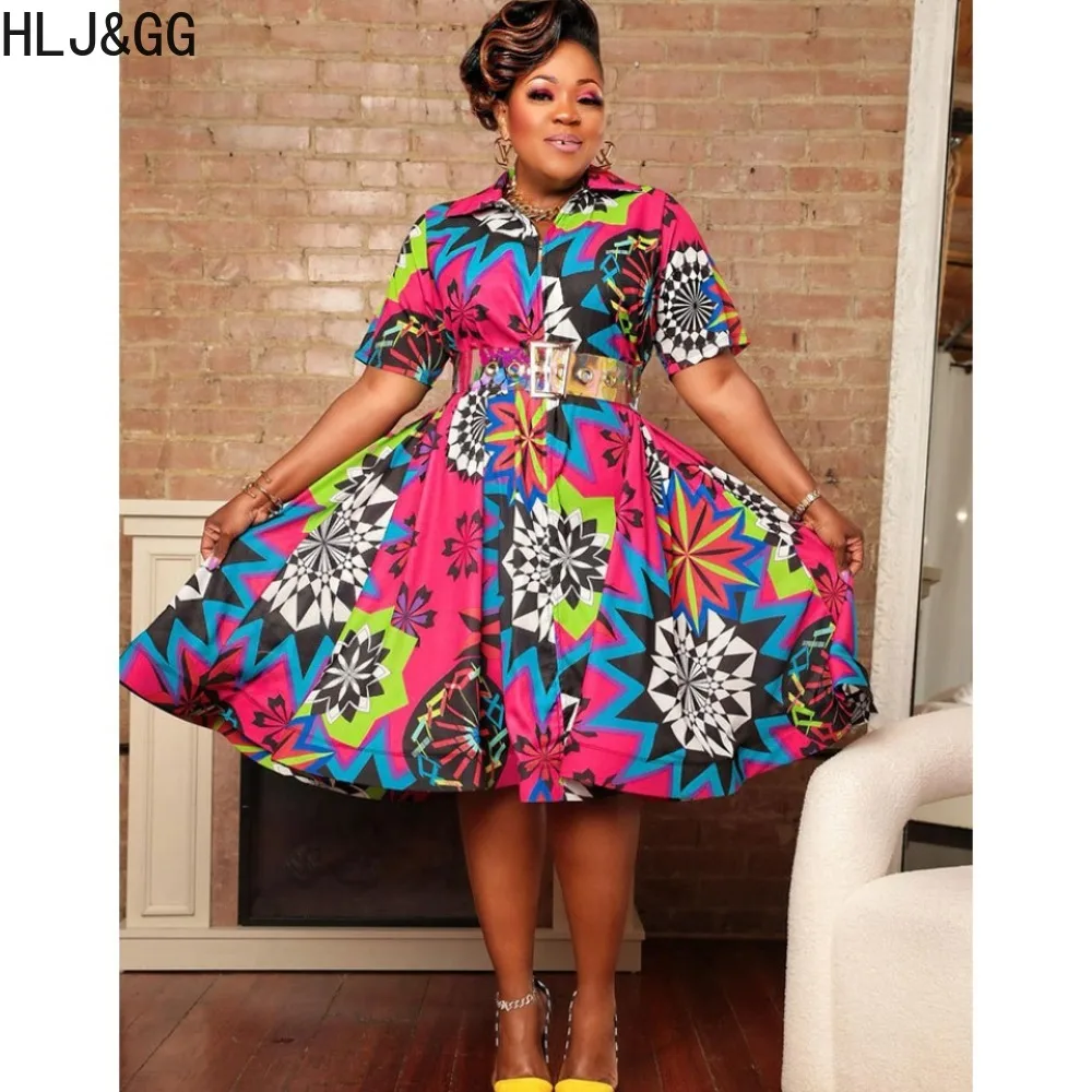 

HLJ&GG Fashion African Pattern Print Party Club Mini Dress Women Turndown Collar Button Short Sleeve A-line Dress Lady Vestidos