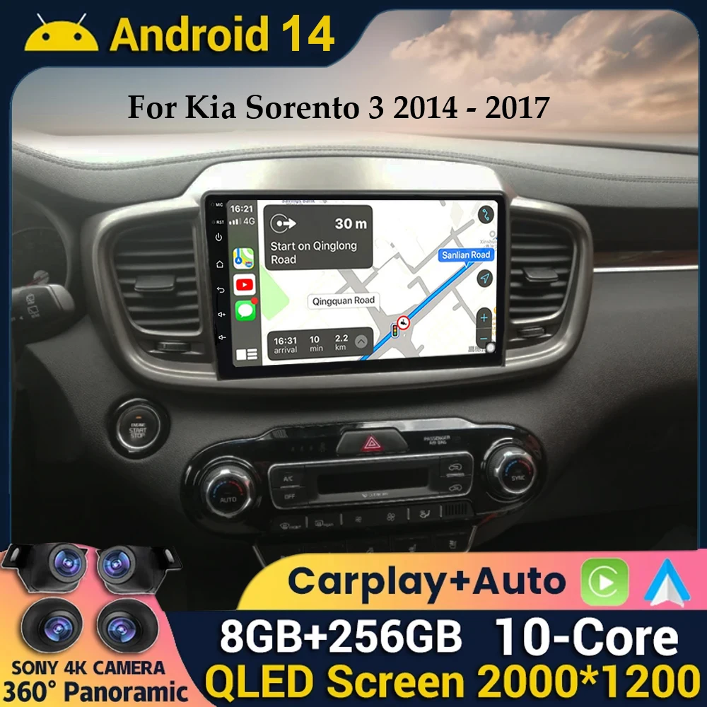 

Android 14 Carplay Auto For Kia Sorento 3 2015 2016 2017 2018 DSP CAR Radio Multimedia Player GPS Stereo WIFI+4G 360 Camera QLED