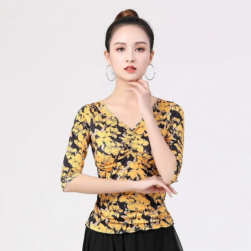 ชุดเต้นลาติน เสื้อซ้อมเต้น แขนกลาง คอวี สำหรับผู้หญิง ชุดเต้นโมเดิร์น ชุดเต้นไลน์แดนซ์ ชุดซัมบ้า ชุดคาร์นิวัล