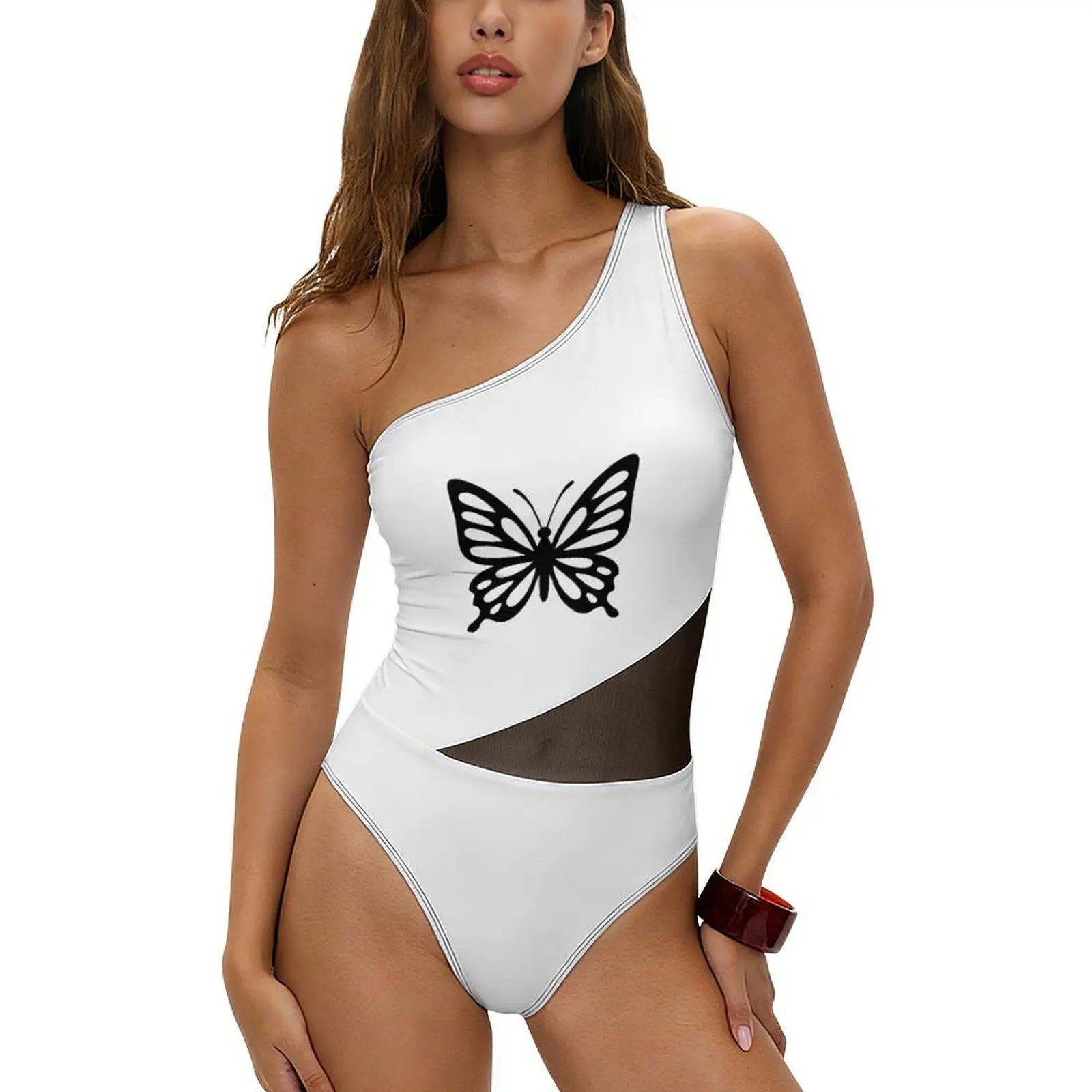 

Women's Butterfly Pattern Print One Shoulder One Piece Swimsuit with Soft Cups