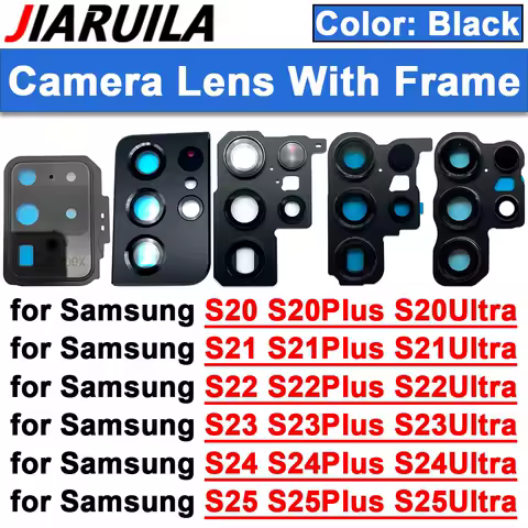 1Pcs Black Rear Back Camera Glass Lens With Frame For Samsung S20 S21 S22 S23 S24 S25 Plus Ultra Fe Camera Glass With Adhesive
