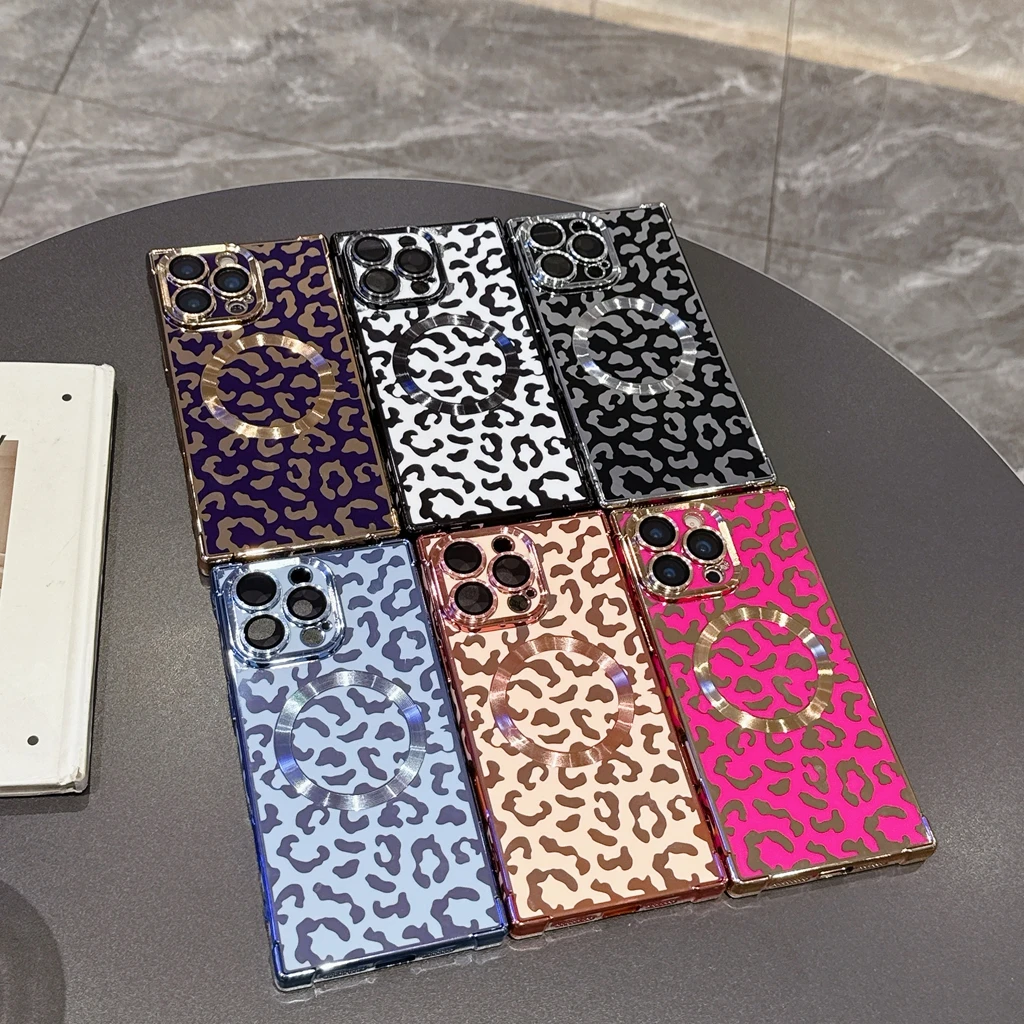 Fashion Retro Colorful Leopard Print Rectangle Magnetic Shock Proof Phone Cover Case for iPhone 17 16 15 14 13 Pro Max Plus