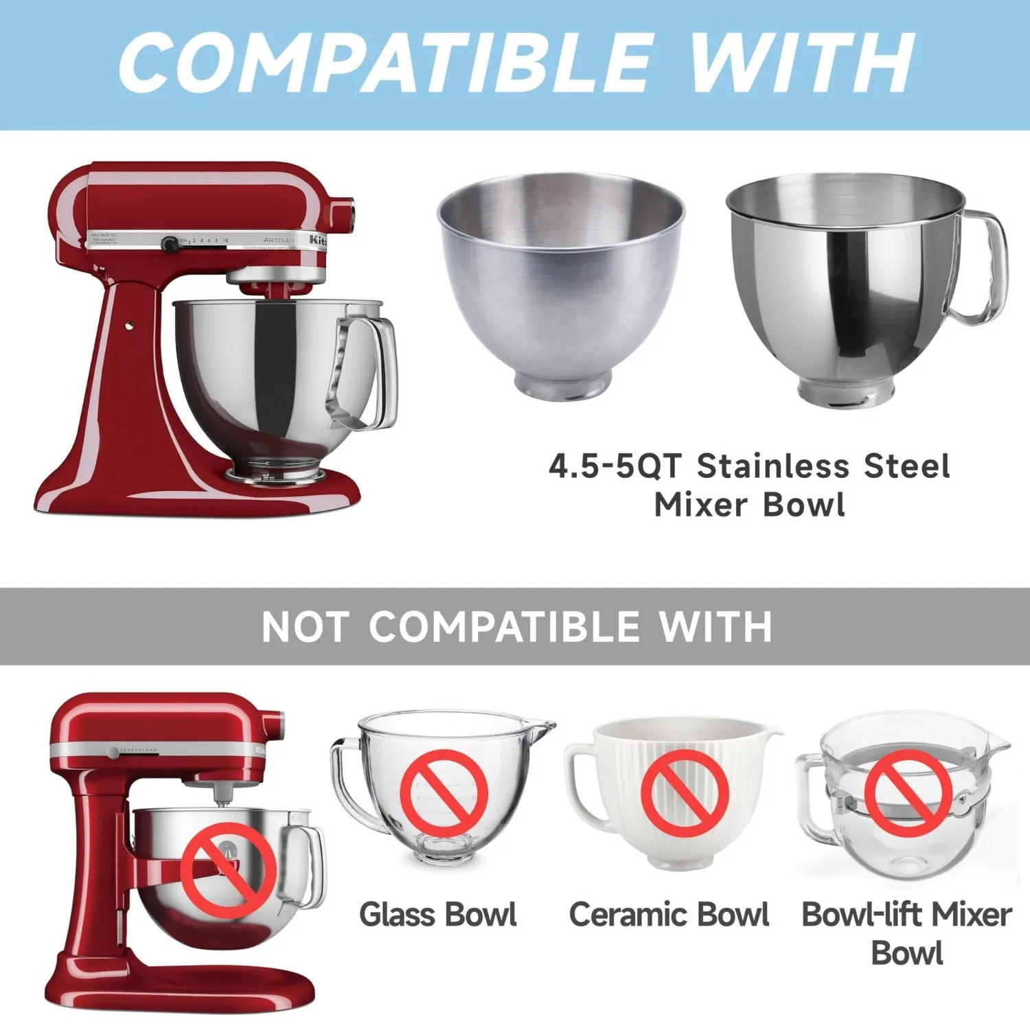 2 PC/Set Silicone Mixers Bowl Round Cover and Half-moon Lid for KitchenAid 4.5-5QT Tilt-Head Stand Mixers Stainless Steel Bowl