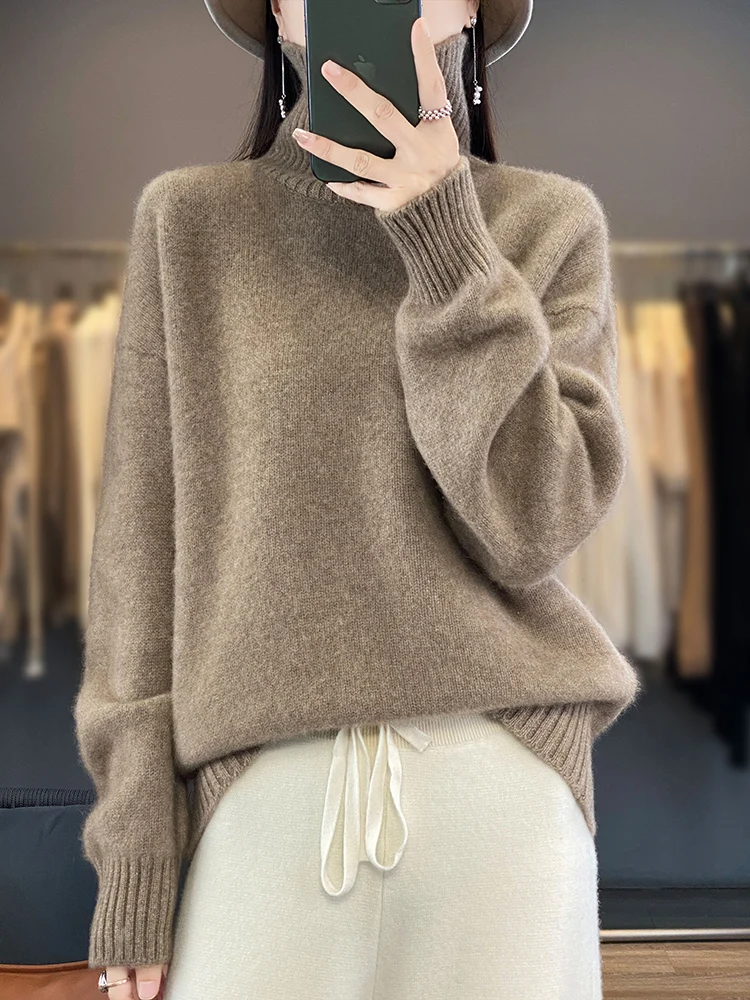Autumn Winter Women Turtleneck Pullover 100% Merino Wool Sweater Long Sleeve Casual Loose Fashion Female Knitwear Clothing Tops
