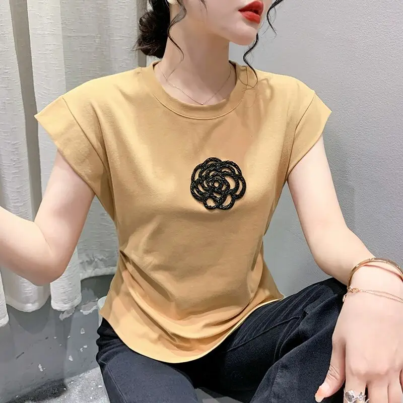 2024 New Arrival Elegant Trend High Quality Embroidered Flares Cotton T-shirt Summer Woman S-3XL Flying Sleeves Loose Luxury