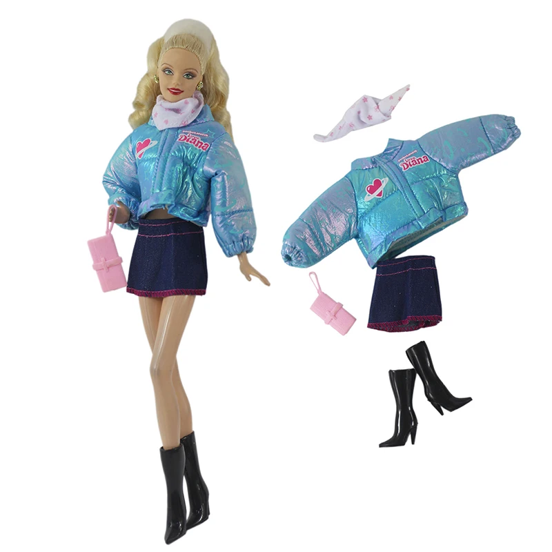 1Set Doll Changing Winter Blue Cotton Jacket Denim Short Skirt Scarf Shoe Bag Set