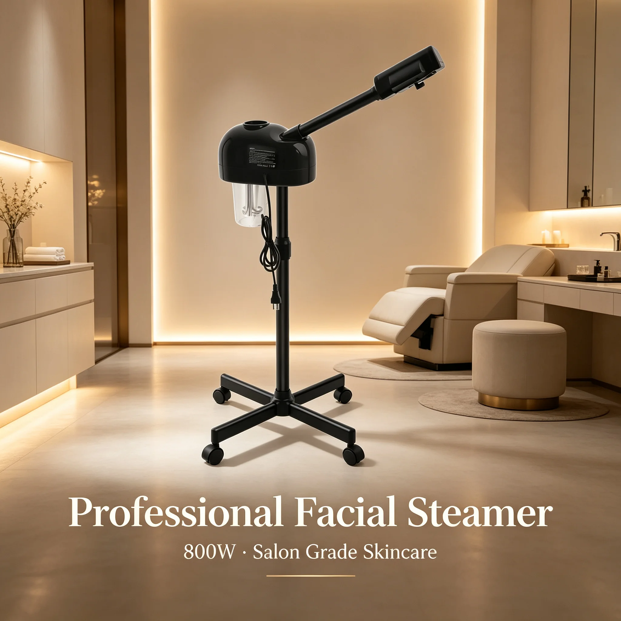 Facial Steamer 800W, Professional Skin Care Steamer with 360° Rotation & Adjustable Height, 0.2Gal Tank, for Salon Beauty Spa Home Use, Black