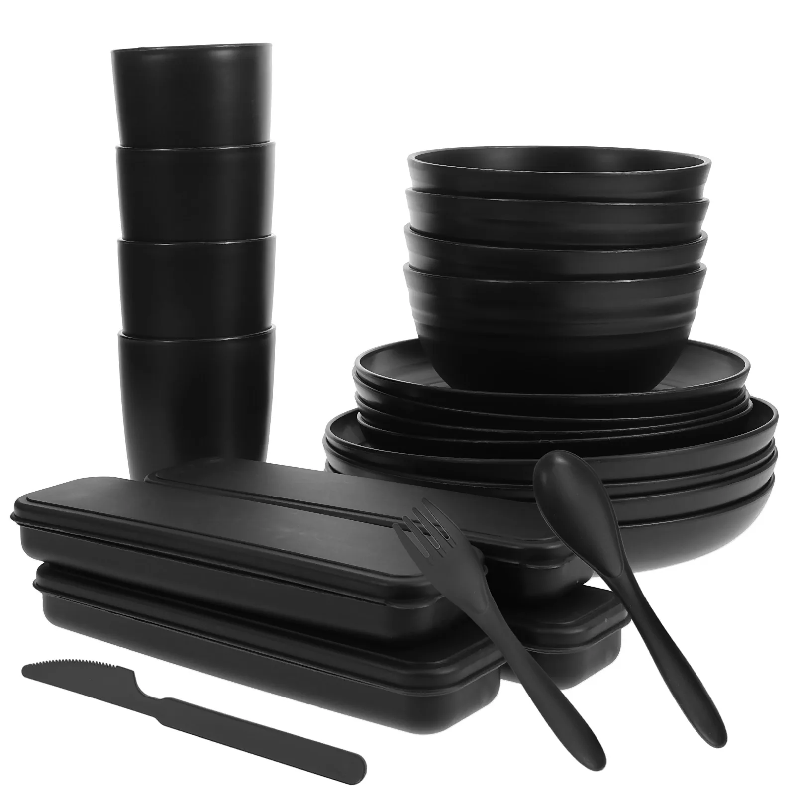 

4Sets Black Cutlery Set Camping Utensils Spoon Fork Bowl Plate Portable Reusable Food Storage Travel Set Utensils with Case