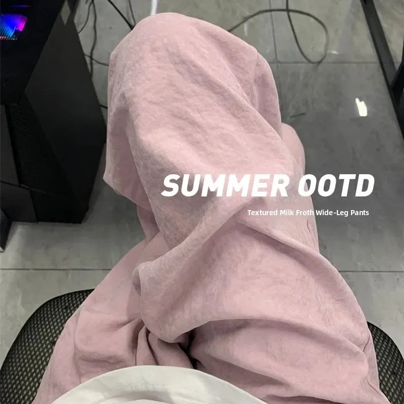 

Розовые широкие брюки с высокой талией, укороченные, из тонкого ледяного шелка, летние, новые, женские, модные, в корейском стиле, для повседневной носки, с карманами