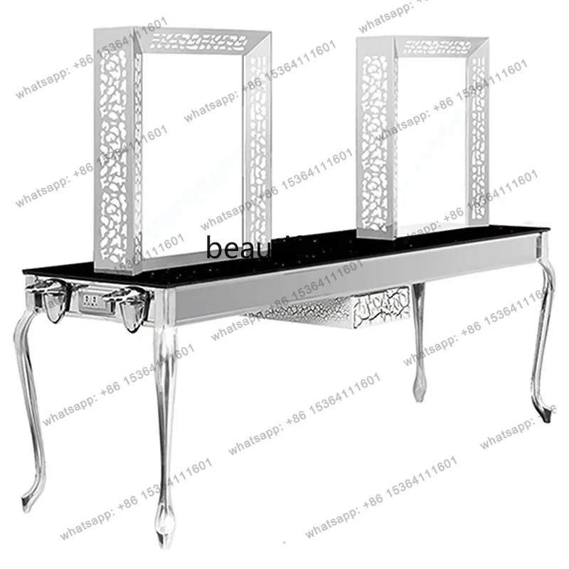 D30 Hair Salon Mirror, Barber Shop, Desktop Double Mirror Beauty Makeup Table with Drawer Gold