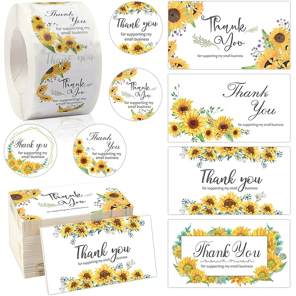 500pcs/Roll 3.8cm Sunflower Thank You Stickers Gift Business Shopping Decorative Cards 50pcs 2x3.5inch Thank You Paper Cards