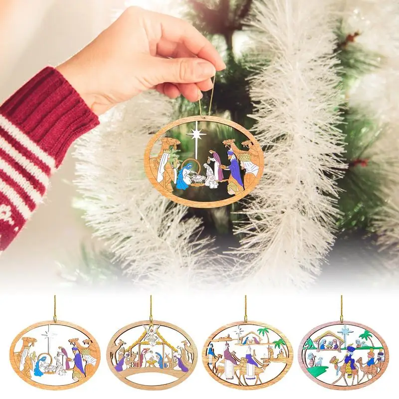 Nativity Scene Pendant Wooden Hollow Decoration Lovely And Delciate Ornament For Christmas Tree home decorations Dropshipping