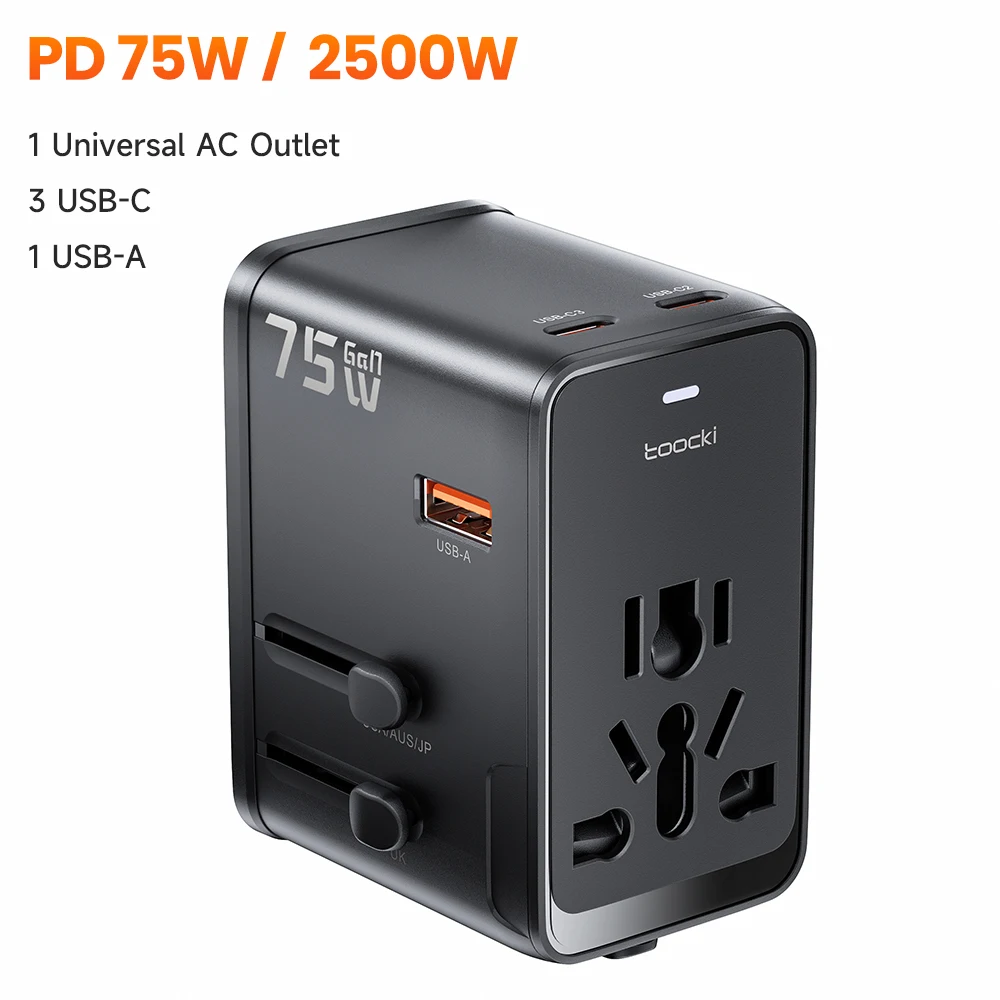 Toocki 75W GaN internationale reisadapter met 3 USB-C en 1 USB-A poorten, snelladen, alles-in-één reisoplader voor EU/VS/VK/AUS