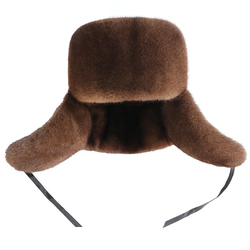 Mink Fur Hat Bomber Hats Winter 100% Real Fur Hat For Men Wool Fur Cap With Ear Protect Russion Hat Warm Cap With Ear Flaps