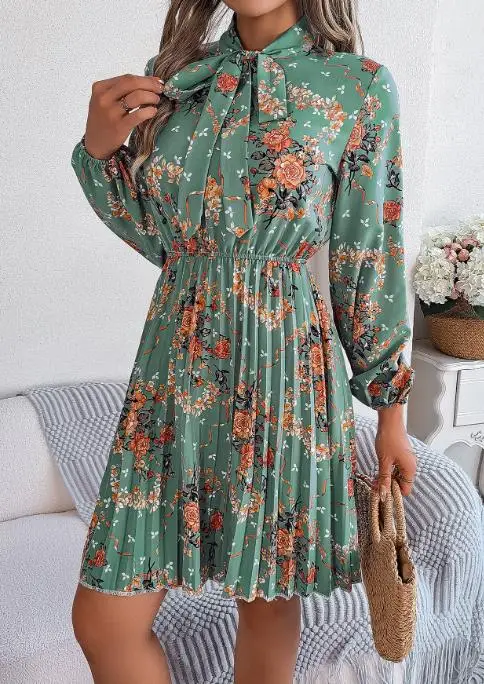 2025년 여성 의류 가을 겨울 우아한 꽃무늬 허리 묶음 긴팔 플리츠 스커트 인기 판매 사진