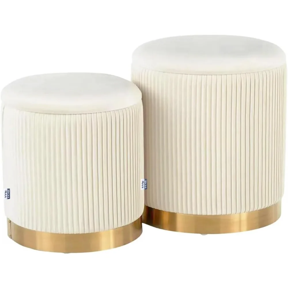 

Round Ottoman with Storage Set of 2 Vanity Stool Foot Rest with Removable Lid White Velvet Storage Ottoman Stool for Living Room