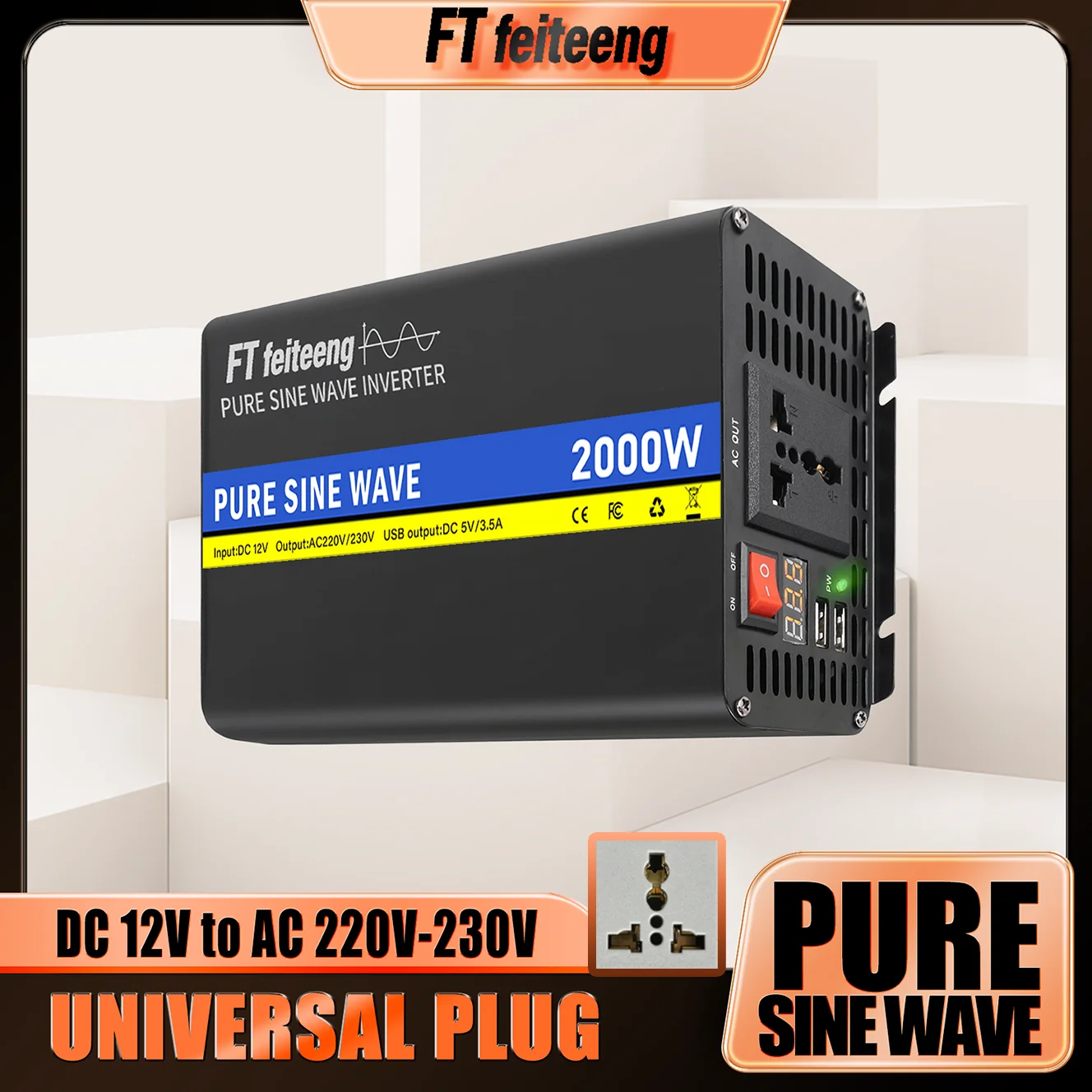 

FT Feiteeng Pure Sine Wave Power Inverter 12V to 210V-230V AC, Universal Plug for Home Solar Car RV Truck with LCD USB Ports