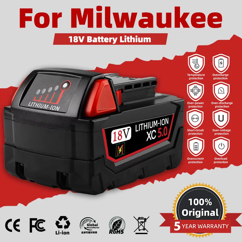 

High Energy Efficiency M18 18V Replacement Battery For Milwaukee M18B5 XC Li-ion battery 48-11-1815 2604-20 48-11-1850 charger