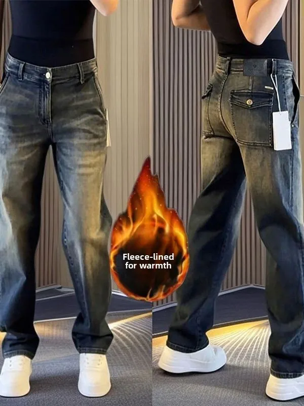 

Мужские прямые джинсы американского кроя с драпировкой, на флисовой подкладке, теплые, универсальные, модные, повседневные, с эффектом потертости, прямого кроя, зимние джинсы