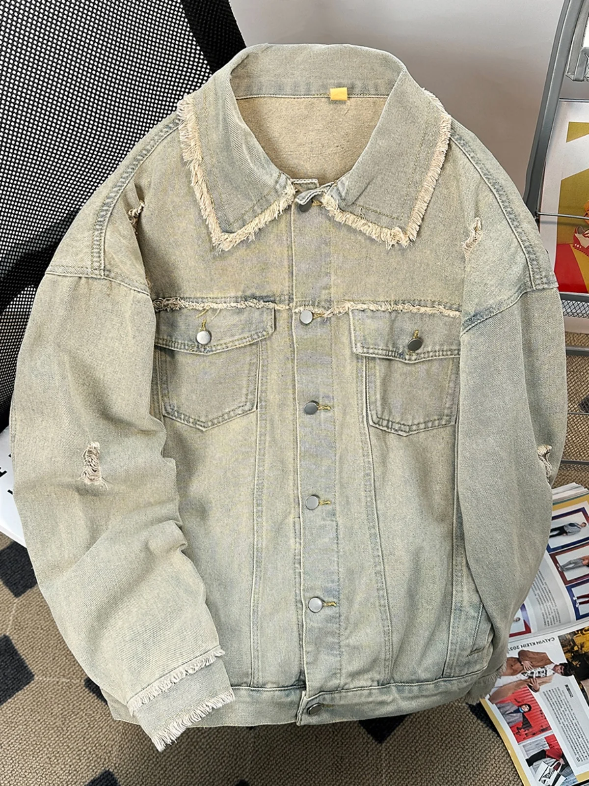 

Ripped Denim Jaet ex Spring Autumn Loose Fit American Retro Workwear Coat Youth Faion Turn-down Collar Single Button